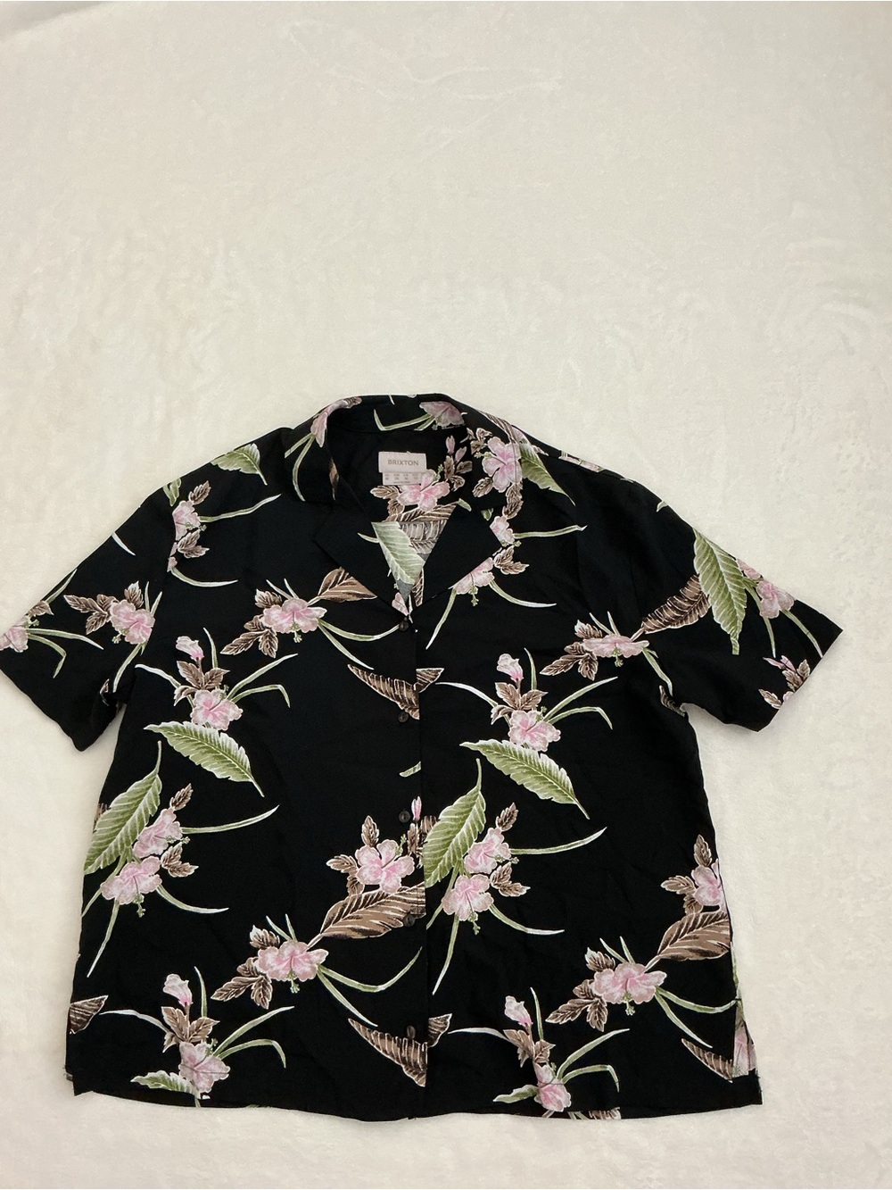 Brixton Floral Hawaiian Camp Shirt Medium Black Pink Viscose